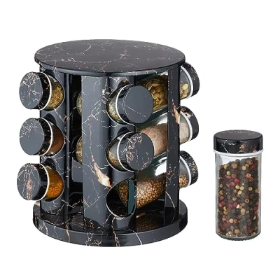 Image of Relaxdays Spice Carousel, Rotating, Rack with 12 Empty Glass Jars, HxØ: 22x19 cm, Stainless Steel, Marble Design, Black, 22 x 19 cm