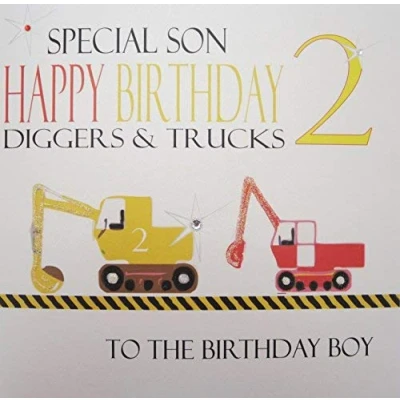 Image of WHITE COTTON CARDS Large, Special Son Happy 2 Diggers and Trucks Handmade 2nd Birthday Card, XNA2 S