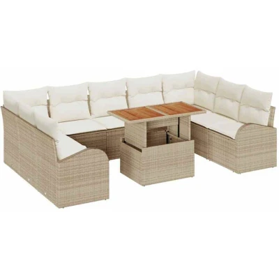 Image of vidaXL 10 Piece Garden Dining Set with Cushions Beige Poly Rattan Acacia