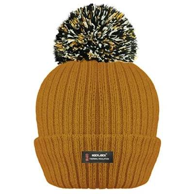 Image of RockJock R40 Ladies Womens Winter POM Ribbed Beanie HAT with Advanced Thermal Insulation 3 Mustard