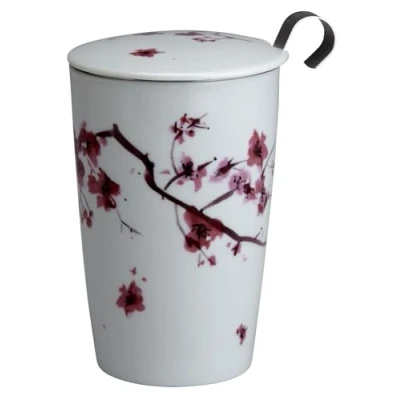 Image of Eigenart Teacup with Strainer and Lid &#039;Cherry Blossom&#039;, Double Walled Porcelain, 350 ml, White, Pink