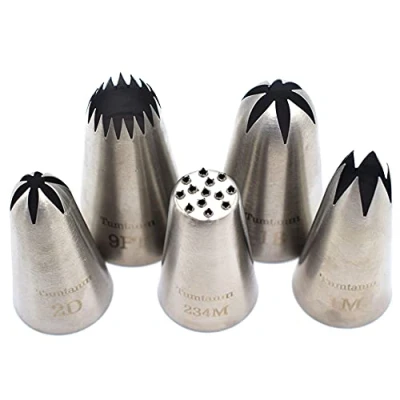 Image of Tumtanm #9FT #1B #2D #1M #234M Seamless Stainless Steel Piping Icing Tips, 5 Pack Extra Large Nozzles Cupcake Decorating Kit