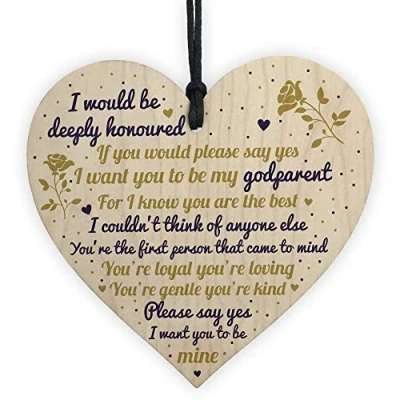 Image of RED OCEAN Godparents Godmother Father Gifts Handmade Wooden Hanging Heart Sign Plaque Keepsake Thank You Christening