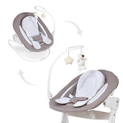 Image of hauck Alpha Bouncer Deluxe, Sand Baby Seat with Toy Bar for Alpha+ Wooden Highchair 3 Point Hip Harness, Bouncing Frame &amp; Reducer, from Birth up to 9 kg