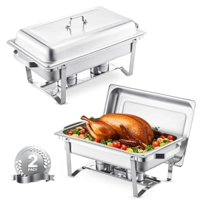 Image of VEVOR Chafing Dish Buffet Set, 8 Qt 2 Pack, Stainless Steel Chafer with Full Size Pans, Rectangle Catering Warmer Server Lid Water Pan Stand