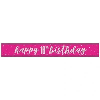 Image of Unique 82688 Foil Happy 16th Banner 2.74 m Glitz Pink Birthday Party 1 Count (Pack of 1), Multicolour