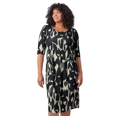 Image of Roman Curve Abstract Print Stretch Dress for Women UK Ladies Autumn Everyday Winter Holiday Round Neckline Comfy Short Sleeve Soft Midi Length Frock Desk to Dinner Gowns Black Size 30