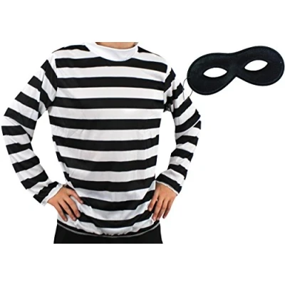 Image of KIDS BURGLAR ROBBER STRIPED BLACK WHITE TOP MASK FANCY DRESS COSTUME SET MEDIUM AGES 8 10 YEARS