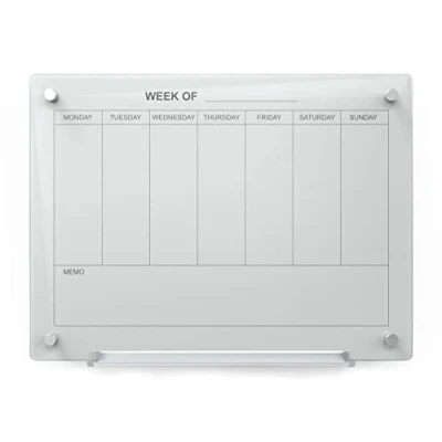 Image of Audio Visual Direct Magnetic Dry Erase Glass Weekly Calendar Whiteboard Set 60x45cm with Magnets, Mounting Hardware and Marker Tray