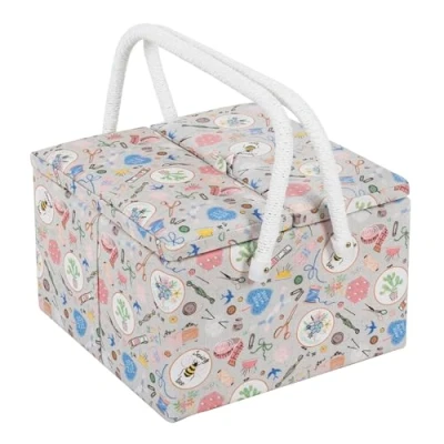 Image of Hobby Gift Exclusive Large Twin Lid Sewing Craft Storage Box, Accessories Tray Pin Cushion Pockets PVC Handles, 25 x 17cm, Haby Notions