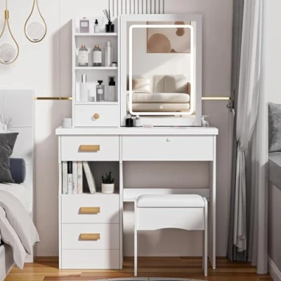 Image of Dressing Table with LED Lights, Vanity Desk Adjustable Brightness Mirror and 5 Drawers, Stool, Makeup 4 Open Shelves for Bedroom (White 3)