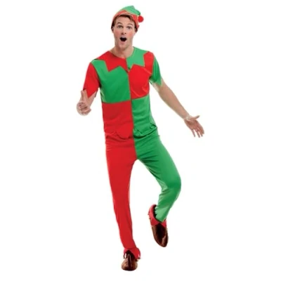 Image of Smiffys Elf Costume, Green &amp; Red with Top, Trousers Hat, Christmas Adult Fancy Dress, Dress Up Costumes