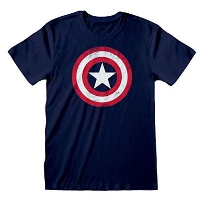 Image of Marvel Avengers Assemble Captain America Distressed Shield T Shirt, Adults, S 5XL, Navy, Official Merchandise