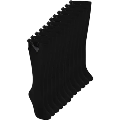Image of Pack Of 6 Girls Knee High Bow Socks, Black, 9 12 (EU 27 30)