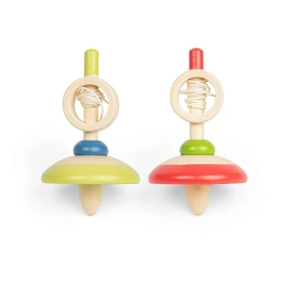 Image of Bigjigs Toys Pull String Spinning Tops (Red &amp; Green) 2pcs Wooden Spinners, Retro Pocket Money Gifts For Girls Boys, Kids Party Bag Fillers, Age 3 Years Old +