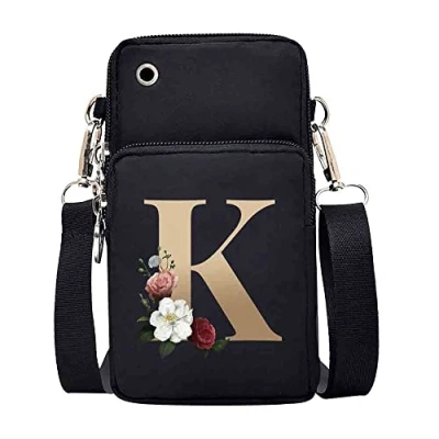 Image of FINDING CASE initial letter Printed Women Girls men Zipper Waterproof Nylon 3 Layers Crossbody Bags Wallet Cellphone Purse Shoulder Bag Wristlet Handbags Adjustable Strap (gold K)