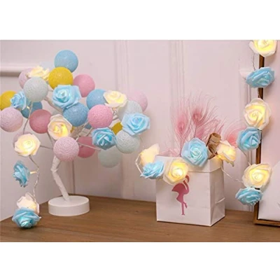 Image of Fantes LED Rose Flower String Lights Battery Operated for Wedding Party Birthday Festival Decor (Blue +Warm White, 9.8ft 20LED)