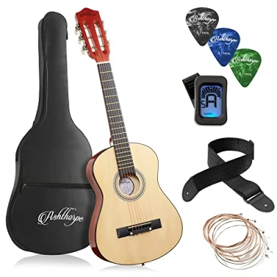 Image of Ashthorpe 30 inch Beginner Acoustic Guitar Package (Natural), Basic Starter Kit w/Gig Bag, Strings, Strap, Tuner, Picks