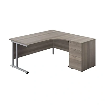 Image of Office Hippo Heavy Duty Right Corner Radial Desk With 3 Drawer High Storage, Home Desk, Filing, PC For or Home, 5 Yr Wty, MFC Grey Oak,Silver Frame.