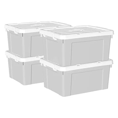 Image of Cetomo 35L*4 Storage Boxes, Carry Plastic Box with Lids, Organizing Container Handle and Secure Latching Buckles, Stackable, Nestable, Tote Bin for Home Office Clothes, 35L 4Pack, Gray