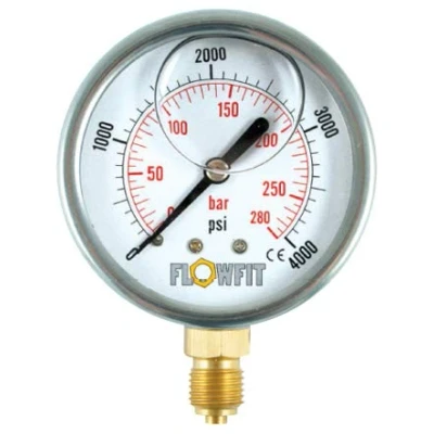 Image of Flowfit Hydraulic Pressure Gauge, Glycerine Filled, 63mm Dial Size, Rated for 0 5000 PSI (344 Bar), 1/4&quot; BSP Base Entry