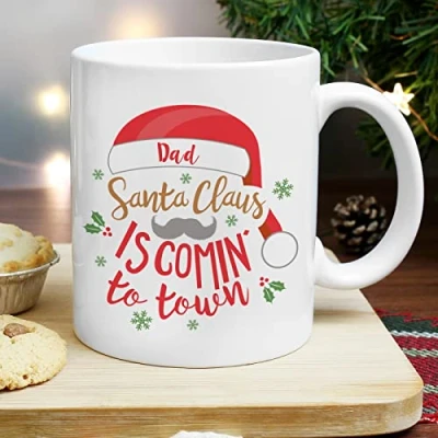 Image of Custom Personalised Santa Claus is Comin to Town Ceramic Mug. Ideal for Christmas, Stocking Fillers
