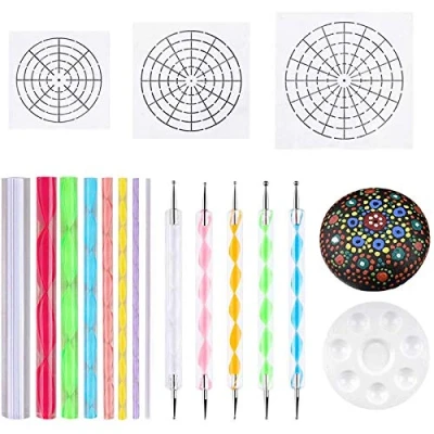 Image of Jufjsfy Mandala Dotting Stencil Tools Rock Painting Kit Ball Include Stencil, Paint Tray (17 Pack)
