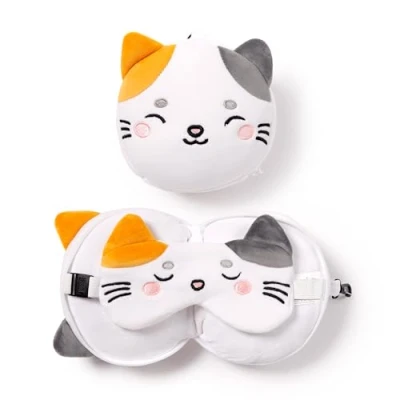 Image of Relaxeazzz Adoramals Pets Lola the Cat Round Plush Travel Pillow &amp; Eye Mask Sleep Masks Kids Accessories For Sleeping Airplane Flight Plane Neck Pillows