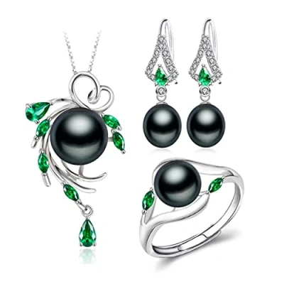 Image of LOKILOKI 925 Sterling Silver Emerald Jewelry Sets Natural Pearl Stud Earrings Bohemian Pendant Necklace Women Green Stones Ring, C Black Pearls