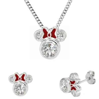 Image of Kaguyo jewellery Sets for women Sterling Silver Clear Zirconia Mickey Mouse Pendant Necklace with Red Enamel Bow Minnie stud Earrings and Girls Birthday Gift (Red Bow)