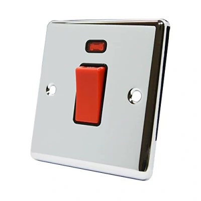Image of AET CPCCSWBL Polished Chrome Classical 45A Black Insert 1 Gang Plate 45 Amp DP Cooker Switch w/Neon Indicator