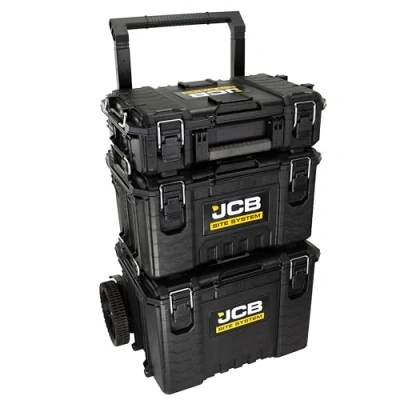 Image of JCB Site System, 3 Piece Modular Tool Box, Rolling Storage, Toolbox, Organiser, Heavy duty Box 9’’ Wheel Trolley for Workshop, Builders, Decorators and Tradespeople