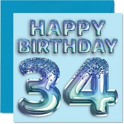 Image of 34th Birthday Card for Men Blue Glitter Party Balloon Happy Cards 34 Year Old Man Brother Friend Uncle Dad, 145mm x Thirty Four Fourth Bday Greeting Gift