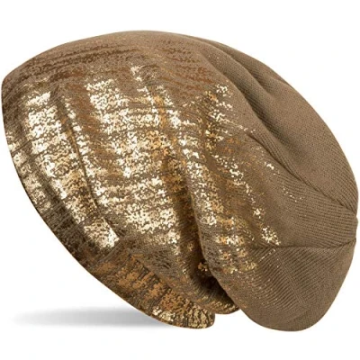Image of styleBREAKER Warm fine Knit Beanie with Metallic Print and Fleece Lining, Slouch Long Beanie, Unisex 04024132, Colour:Brown/Gold