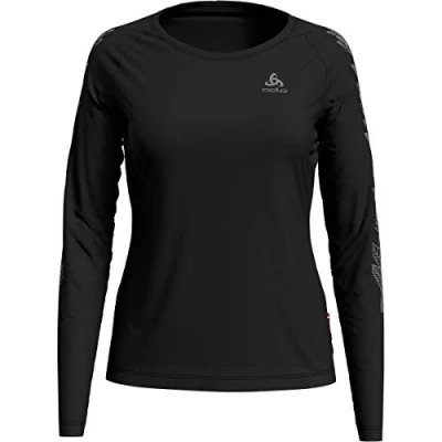 Image of Odlo Women&#039;s Crew Neck Concord Sweatshirt, Black Leaves on Sleeve Print SS20, L