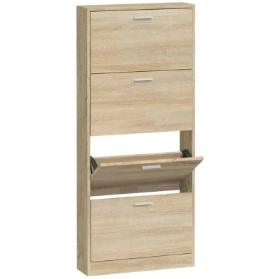 Image of vidaXL Modern Shoe Cabinet, Oak Finish, Engineered Wood, Hallway Storage Unit with 4 Pull Down Drawers, Organised Entryway Furniture
