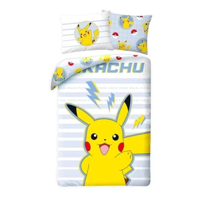Image of Halantex Pikachu Bedding Set, 100% Cotton, Reversible Pokemon Duvet Cover 140 x 200 cm + Pillowcase 65