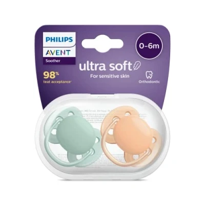 Image of Philips Avent Ultra Soft Pacifier 2 Pack BPA Free Dummy for Babies from 0 6 Months, Orange/Green (Model SCF091/03)