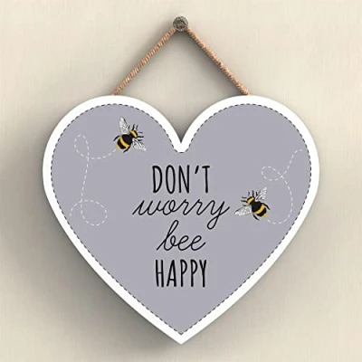 Image of Global Designs Don&#039;T Worry Bee Happy Grey Themed Decorative Wooden Heart Shaped Hanging Plaque