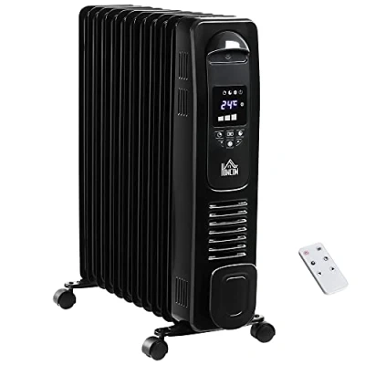 Image of HOMCOM 2500W Digital Display Oil Filled Radiator, 11 Fin Portable Electric Heater with Timer, Adjustable Thermostat, Three Heat settings, Safety Cut Off, Remote, Black