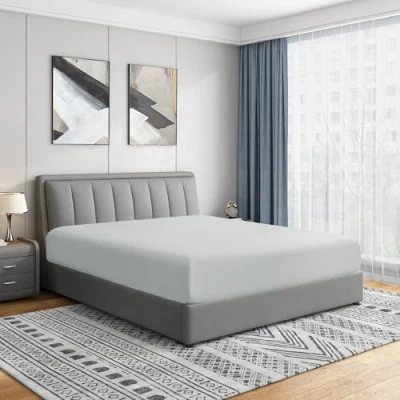 Image of Cathay Home Luxury Wrinkle and Fade Resistant Double Brushed Ultra Soft Microfiber 14 Inch Standard Pocket Single Fitted Sheet, Light Gray, Queen