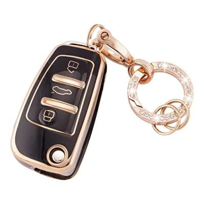 Image of Koaudb Car Key Fob Cover Fit for Audi A1 A3 A4 A6 A8 Quattro Q3 Q7 S3 S6 RS3 RS6 R8 TT TTS 3 Buttons Flip Case Soft TPU Shells with Keychain Black Gold (R Ad B)