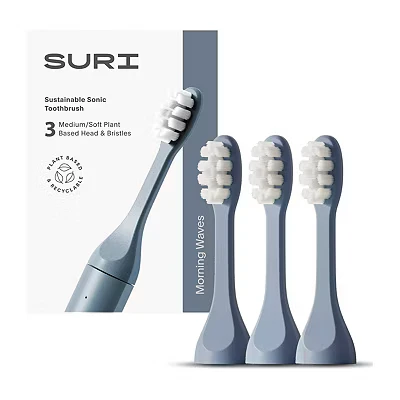Image of SURI Recyclable Plant Based, Electric Toothbrush Heads Built in Tongue Scraper, Long Lasting Replacement Compatible Only with Sonic Morning Waves, Pack of 3