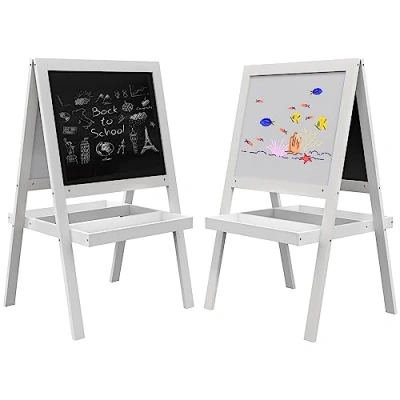 Image of AIYAPLAY Kids Easel, Art Easel with Double Sided Whiteboard, Chalkboard, Storage, 2 in 1 Standing for Toddlers 18 48 Months, White