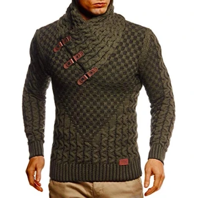 Image of Leif Nelson Men&#039;s Knitted Pullover Shawl Collar Slim Fit Winter Summer Modern Men Black Jumper T Shirt Long Sleeve with Hoodie Wool 5255, Khaki Black, 4XL