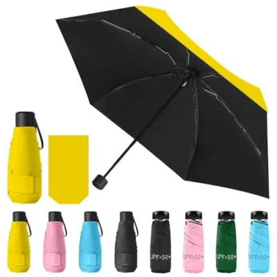 Image of Vicloon Mini Travel Umbrella, Pocket Yellow Portable Compact Folding Small Light Weight Waterproof Rain and Sun Umbrella
