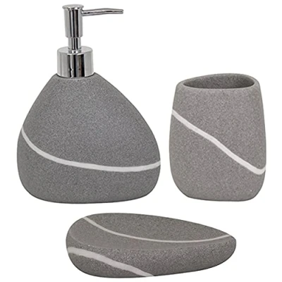 Image of MSV Bathroom Accessories Polyresin 3 Piece Soap Dispenser/Soap Dish/Toothbrush Tumbler Stone Grey Zen