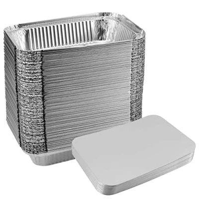 Image of KOHAND 60 Pack 1000ml Aluminium Foil Trays with Lids, 22.9x16.9x5cm Large Air Fryer Tin Food Containers Lids for Baking, Cooking, Roasting, Freezing, Serving, Heating and Takeaway
