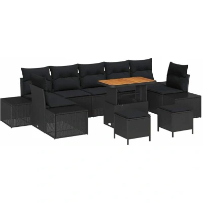 Image of vidaXL 10 Piece Garden Sofa Set with Cushions Black Poly Rattan Acacia