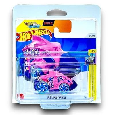 Image of Hot Wheels Piranha Terror (Pink, Purple &amp; Blue Let&#039;s Race) 4/5 HW Mega Bite 2024 87/250 (Short Card) includes a KLAS Car Keeper Protector Case HTD60